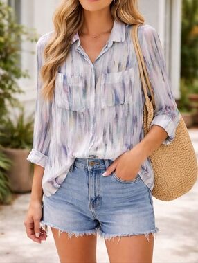 Bella Dahl Watercolor Abstract Print Rayon Hipster Button Down Shirt S